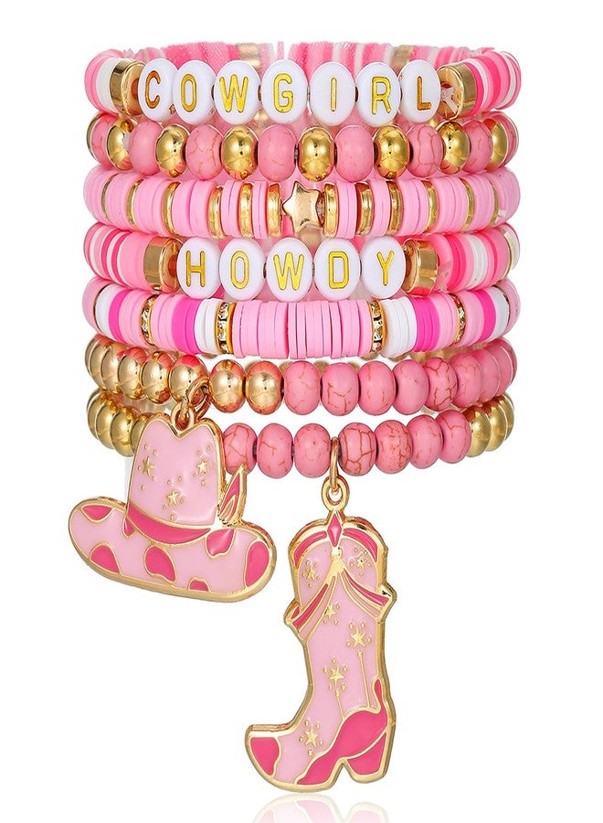 mintolex 7 Pack Western Cowgirl Beaded Stretch Boho Bracelets for Women Stackable Pink Cowgirl Hat Boots Accessories Turquoise Cow Cactus Flower Charms Bracelets Western Jewelry Gifts, CG-Pink - Image 1